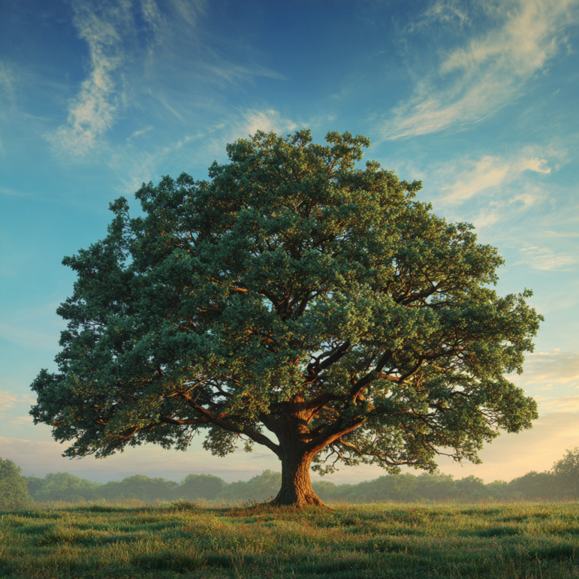 A large, single oak tree standing in a field, representing strength and being rooted in God.