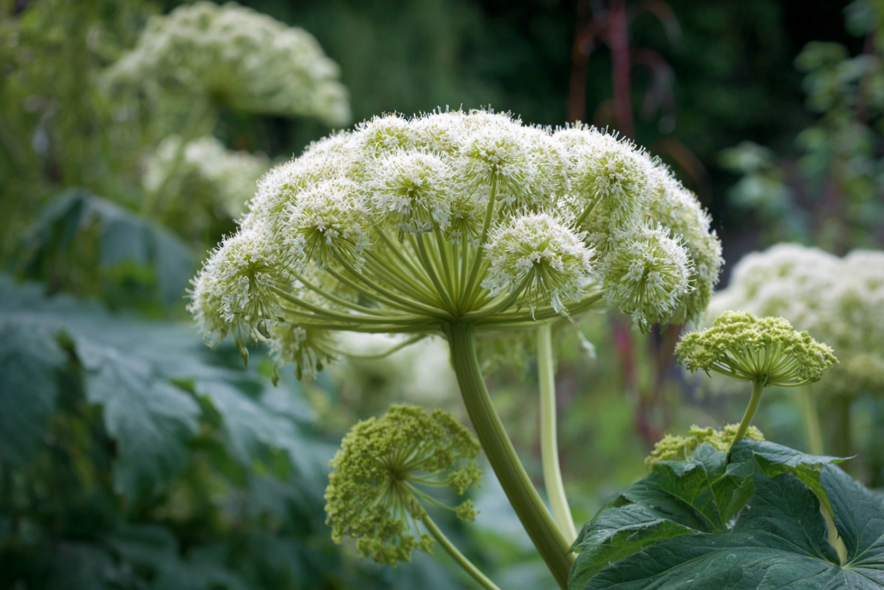 Close-up photograph of white Angelica archangelica flower umbels.