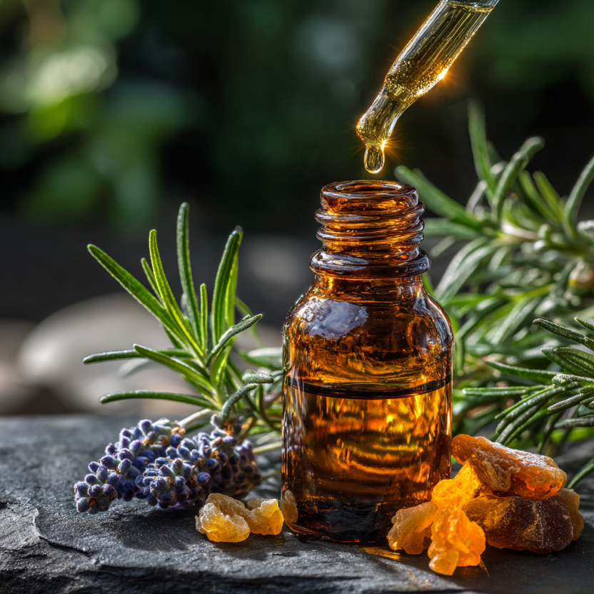 An amber glass bottle of essential oil surrounded by fresh healing herbs and frankincense resin, representing biblical plant medicine.