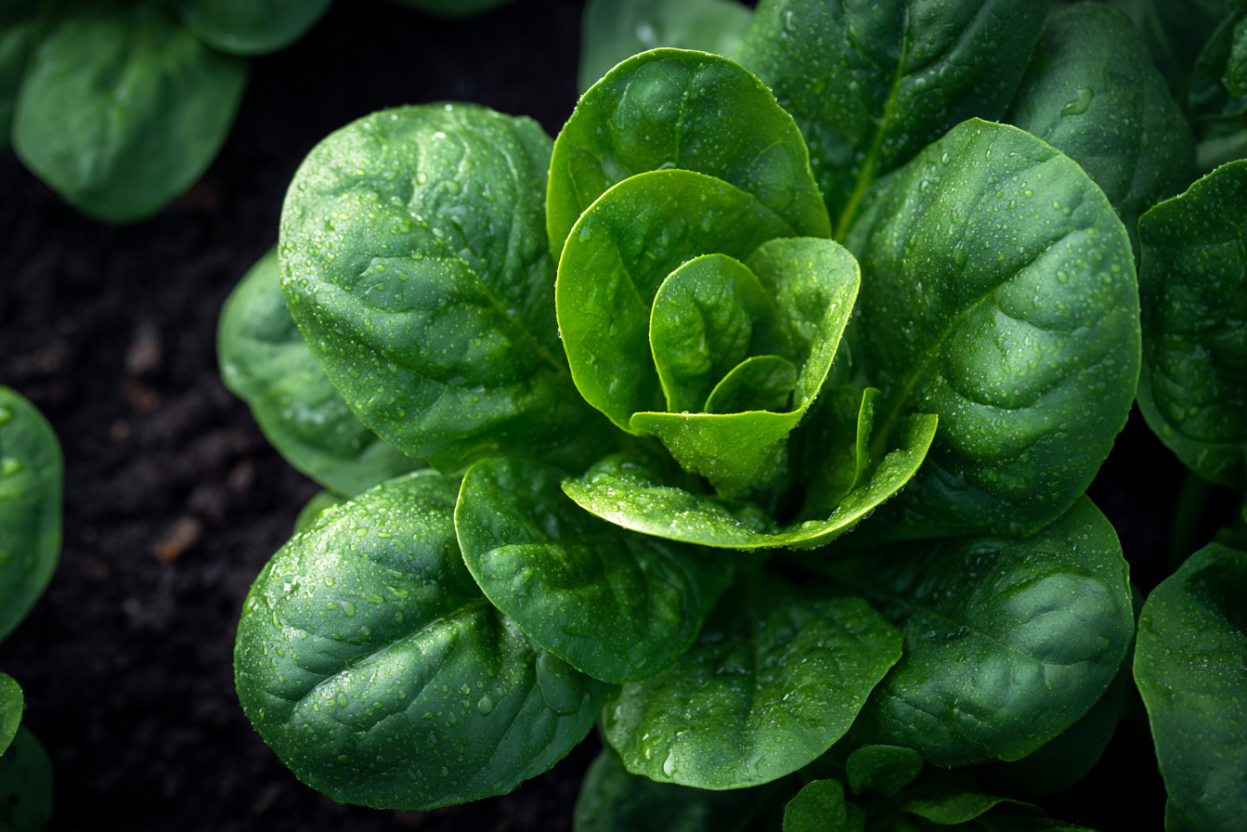 Fresh spinach plant with deep green glossy rounded leaves in compact rosette