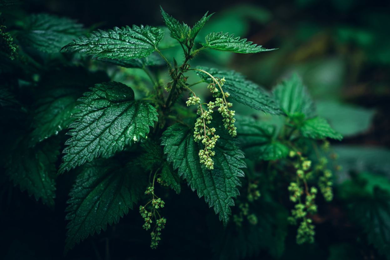 Stinging nettle with dark green serrated heart-shaped leaves and hairy stems