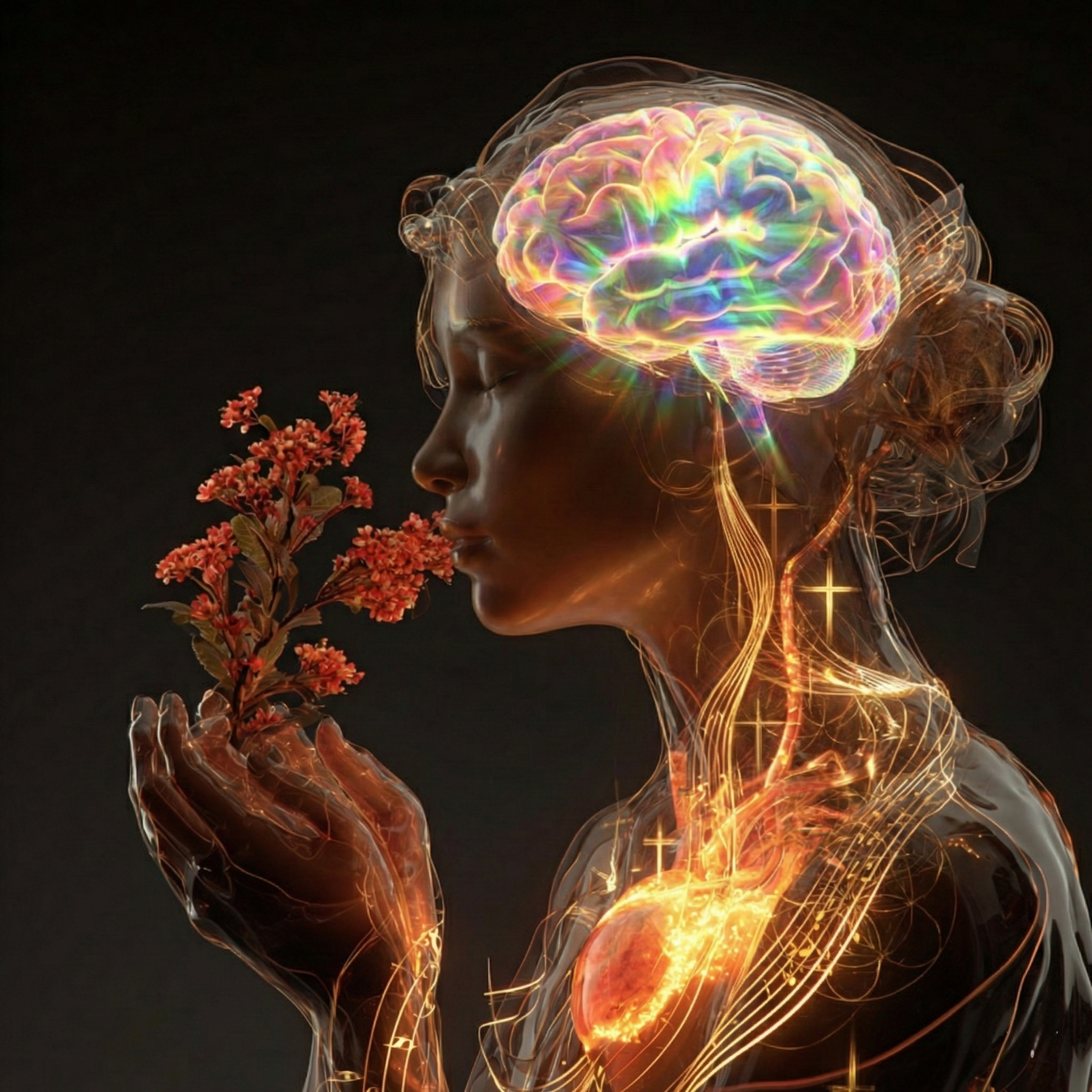 A crystalline female figure holding a Red Hawthorn flower, breathing in its golden fragrance which flows through glowing olfactory pathways to an illuminated heart, with rainbow prismatic light filling the brain and golden music notes surrounding the body, representing the symphony of vibrational energy healing.