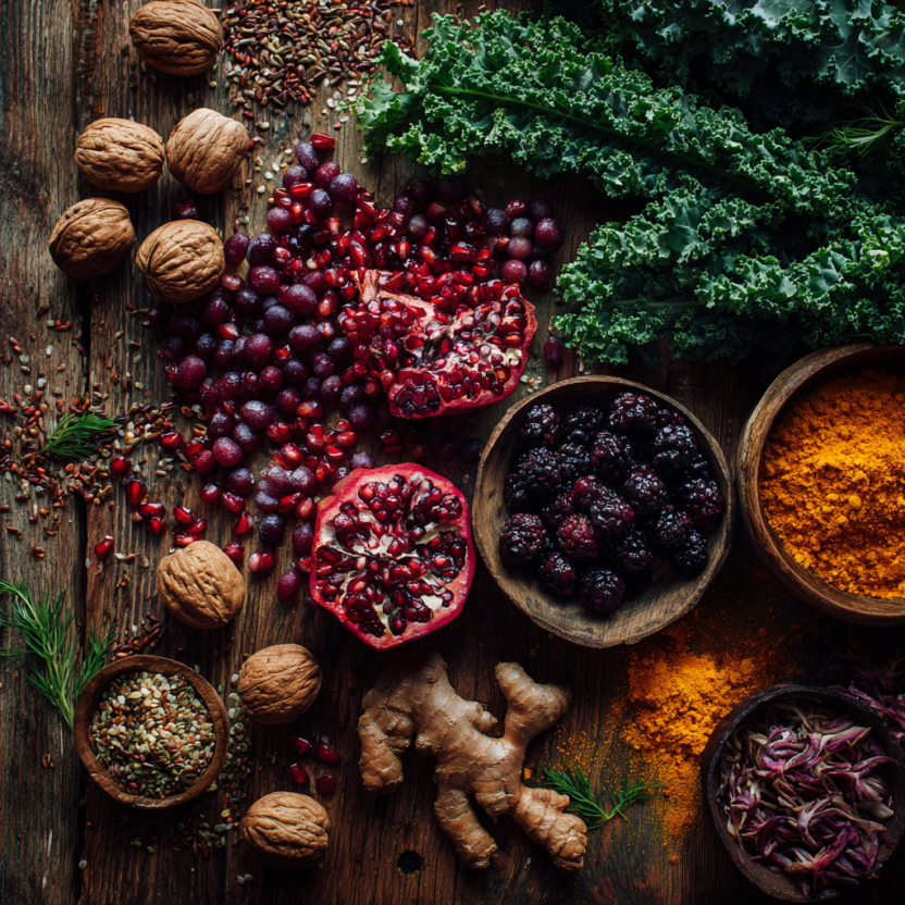 An overhead view of abundant raw fruits, vegetables, seeds, and roots on a rustic table, symbolizing a healthy diet for whole body restoration.