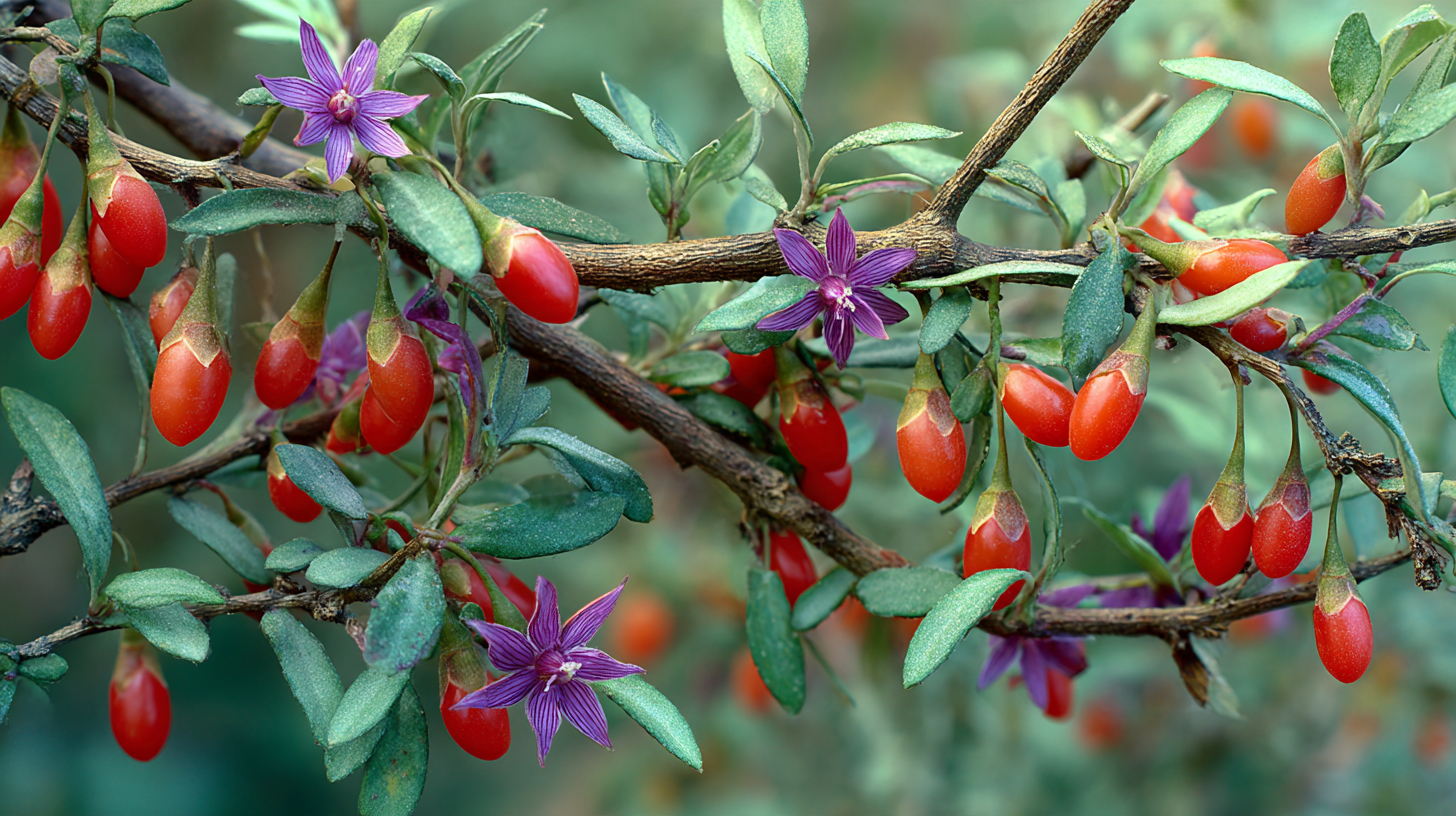 Goji berry (Lycium barbarum) shrub with bright red berries growing outdoors