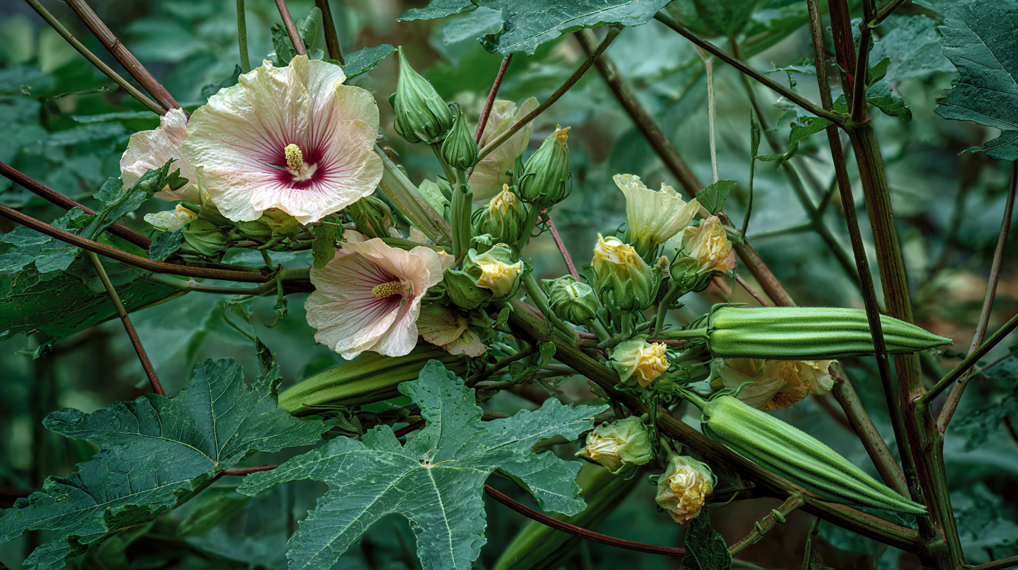 Okra (Abelmoschus esculentus) plant with green pods and pale yellow flowers growing outdoors