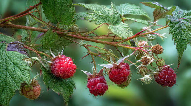 Raspberry (Rubus idaeus) plant with ripe red berries growing outdoors
